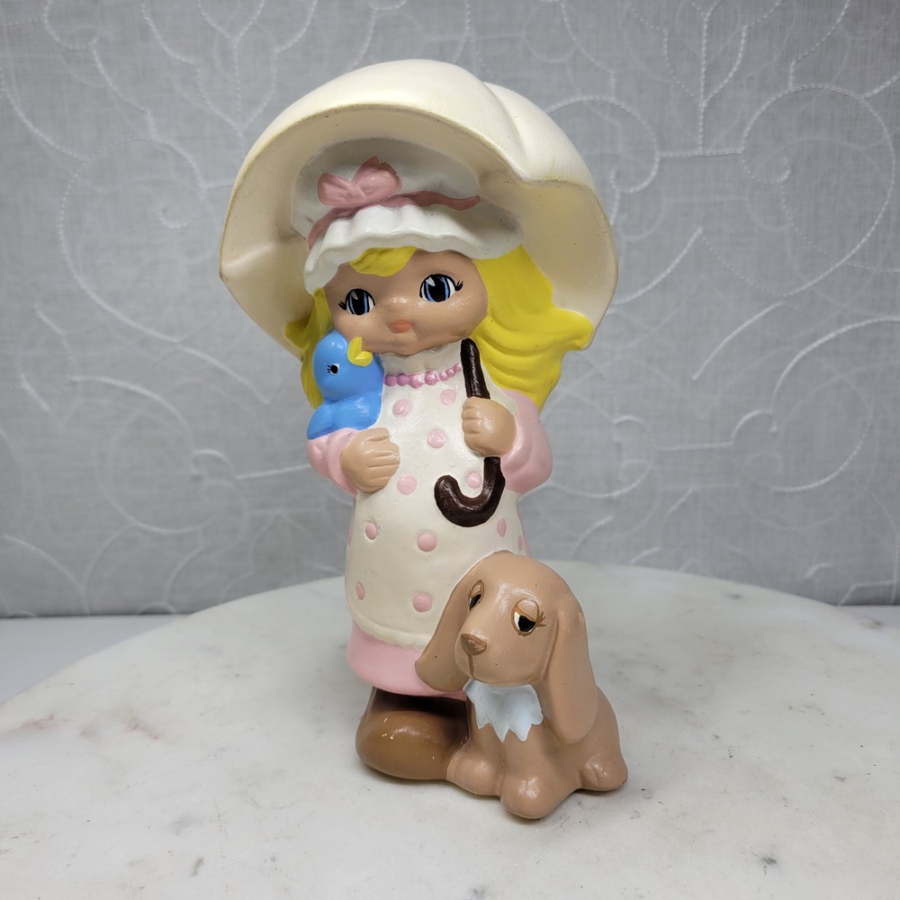 Goebel Girl with Umbrella Bird and Dog Figurine Pastel Kitsch Nursery Vintage